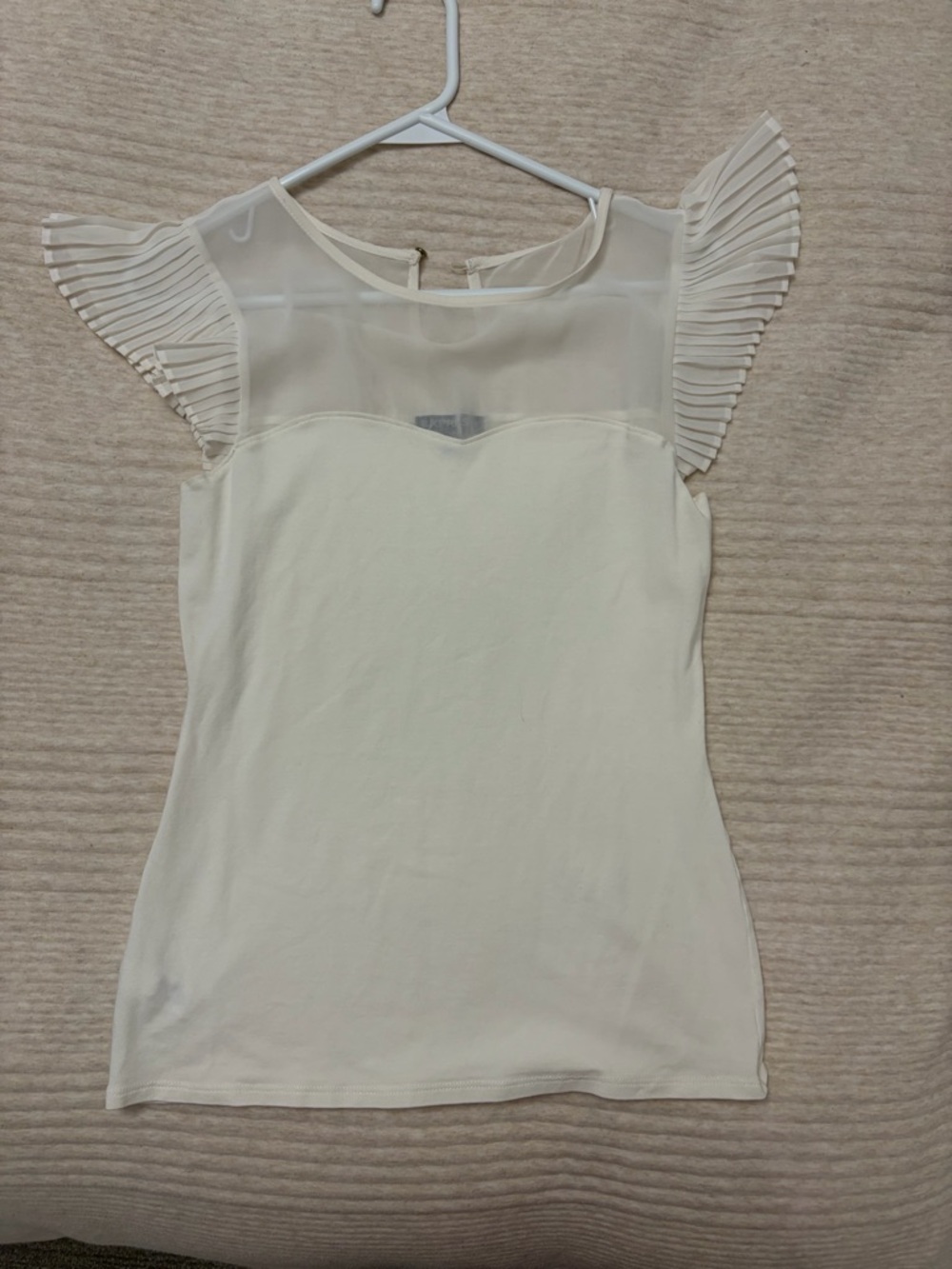 Express Ivory Sheer Yoke Pleated Flutter Sleeve Top